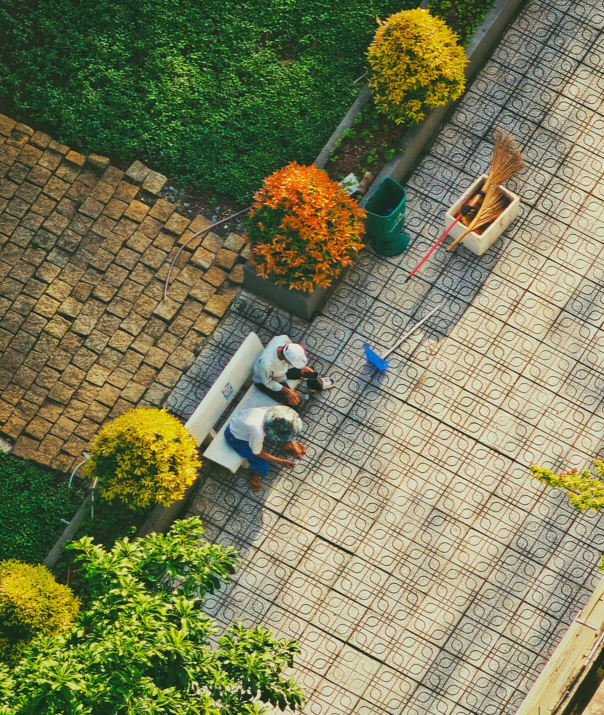 Top-down shot of garden workers maintaining greenery in Ho Chi Minh City, Vietnam park.